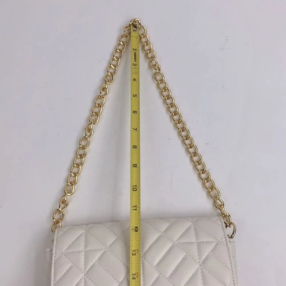 Quilted Creme Chain Strap Handbag purse clutch Lined Zip pocket Snap close New